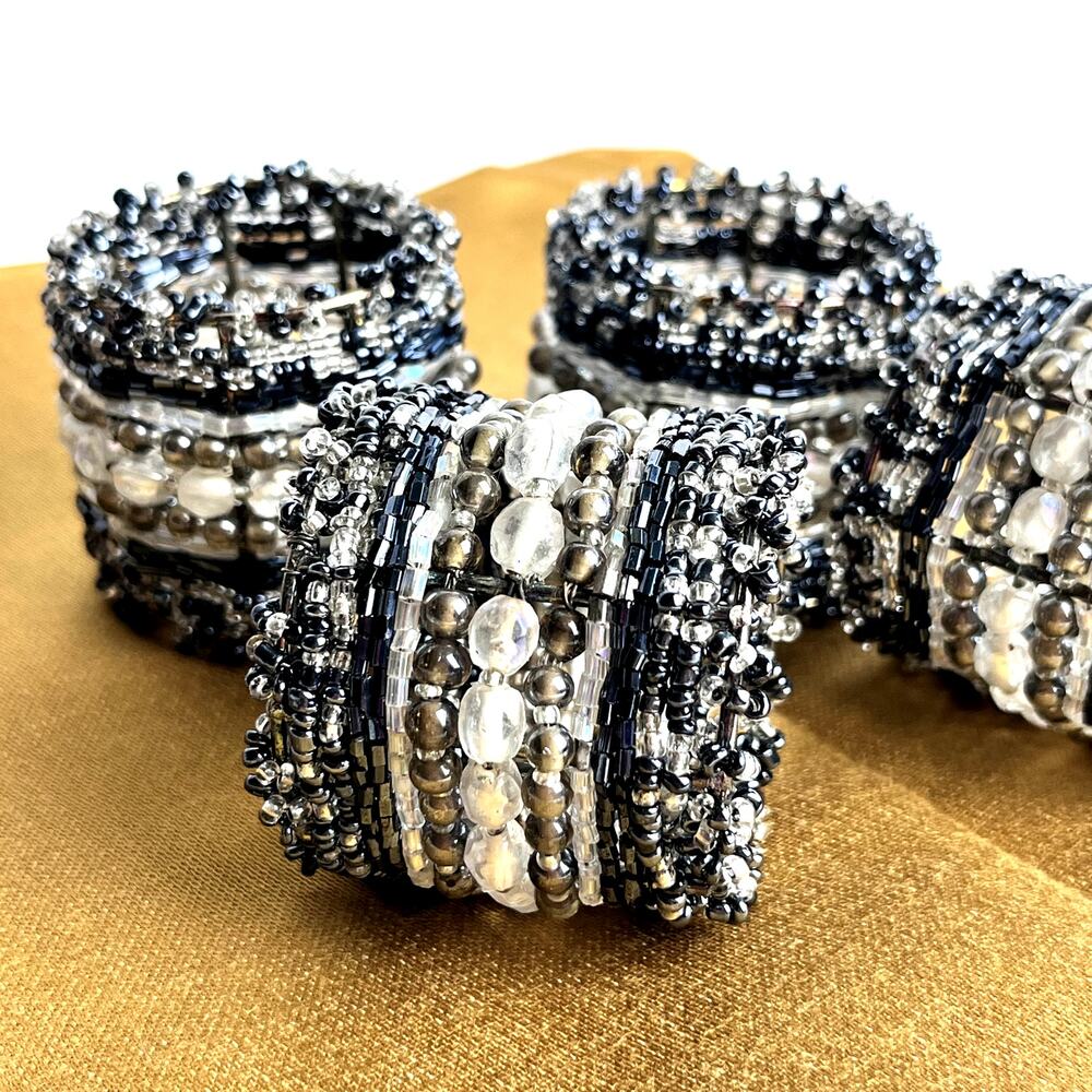 Set of 4 Glass Beaded Napkin Rings Clear Gray Black Tan Elegant Glamour Holiday